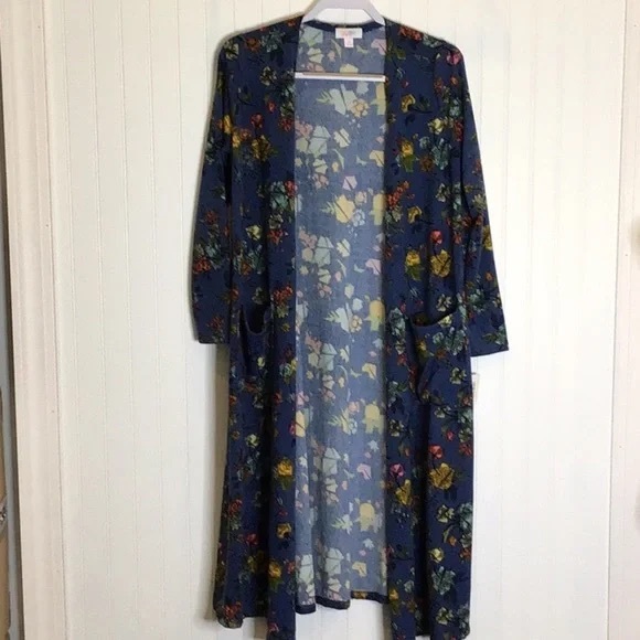 LuLaRoe | Sarah Cardigan Duster Sweater Blue/Fall Floral Medium - Picture 3 of 12